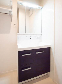 【洗面所】 三面鏡シャワー付き洗面台です。横は室内洗濯機置き場です。稼働棚もあって便利。