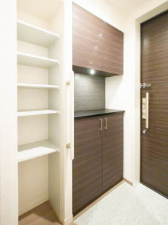 【玄関】 上下に分かれたシューズボックスがあります。玄関手すりも設置。横には収納もあります。