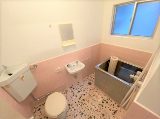 レトロ感が好きな人にはたまらないタイル貼りの浴室。トイレと洗面が一緒ですがスペースは十分あります。