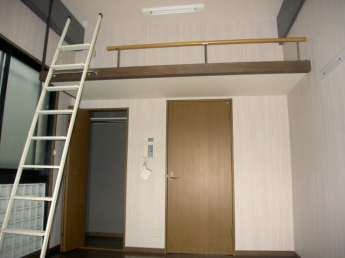 天井が高く開放的なリビング空間にうれしいロフト完備あとキッチンエリアとの仕切りにドアがあります。