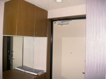 玄関入ってシューズボックスとカガミ