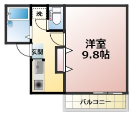 間取り1K（洋間9.8帖）