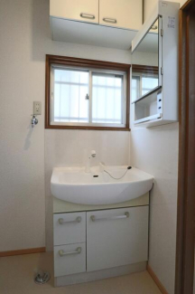 幅が広く使いやすいシャワー付き洗面台　左側には洗濯機を置いて
