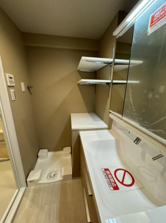 洗面横のデッドスペースにカウンター＆可動棚新設