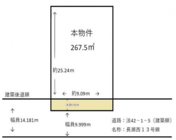 土地図　再建築の際は約４．１８ｍの後退が必要です。土地有効面