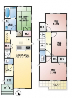 3ＳＬＤＫ　ＬＤＫ15.25　和室（納戸）5.5　洋室7.25　洋室5.0　洋室5.25