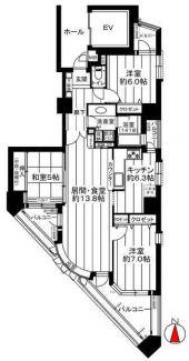 上層階の角部屋です。専有面積８３．７９㎡のゆったりとした３Ｌ