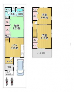 ２階建のガレージ付き３ＬＤＫです。