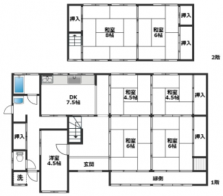 7DKの間取り。1階に四間取りの和室が特徴です。