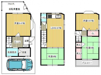 鉄骨造３階建住宅車庫、駐輪スペース付です。