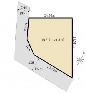 南西角地　建築条件なし売り土地　前面道路幅西側　５ｍ　南側７