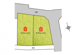 区画図。閑静な住宅街にある２家族が暮らす分譲地。