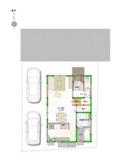 建物配置図　駐車縦列２台可　境界ブロック塀はしません。