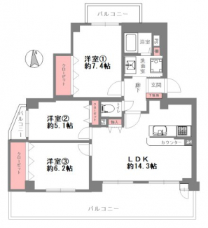 3LDK　専有面積73.43㎡　LDK14.3帖　洋室7.4帖　6.2帖　5.1帖