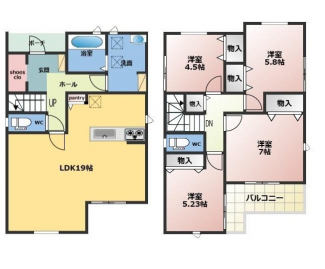 建物面積102.67㎡　4LDK+駐車スペース2台可能！　LDK19帖　1号棟