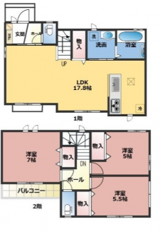 3LDK　1階.LDK17帖　2階.洋室7.0帖　5.5帖　5.0帖　