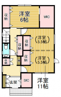 １階間取図　間仕切りすると５．５帖の洋室が２部屋になります。