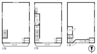 リフト（貨物用エレベーター）付きの鉄骨造３階建。１階：８１㎡
