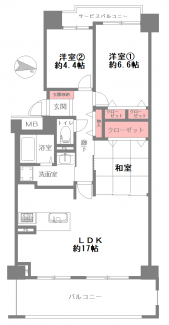 3LDK　73.49㎡　LDK17帖　和室　洋室6.6帖　洋室4.4帖　