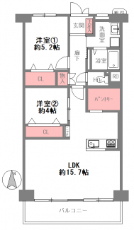 2LDK　61.60㎡　LDK15.7帖　洋室5.2帖　洋室4.0帖