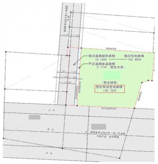 土地図　セットバック後の土地有効面積：約１３６．７２㎡（約４