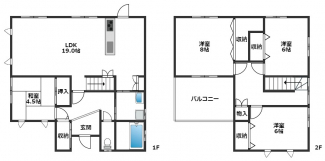 LDKが19帖ある、4LDKの間取りです。各部屋に収納スペースがあり、玄関ホールにはシューズボックスやシューズクローゼットと収納が豊富です。