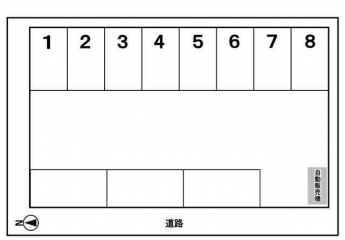 駐車場区画図です。駐車場は西側４ｍ幅の道路と東側４ｍ幅の道路