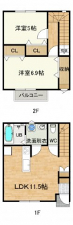 1階リビング11.5帖、2階5帖と6.9帖の二部屋