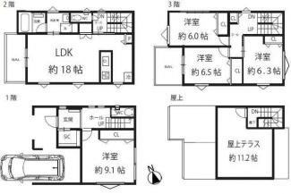 各居室６帖以上を確保した、４ＬＤＫの間取り♪　二階に水まわり