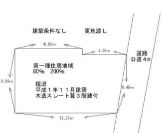 整形地　建築条件なし売り土地　古家あり