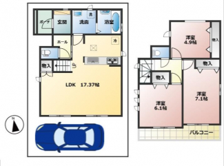 3LDK　延床面積83.42㎡　1階：LDK17.3帖　2階：洋室7.1　6.1　5.0帖