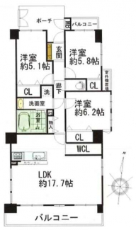 ７階部分の３方（南・東・北）角部屋南北両面バルコニーにつき、