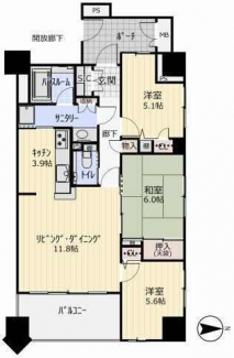 専有面積75.08㎡（22.71坪）の3LDK。北東角部屋の