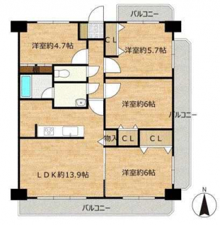 間取り図面　４ＤＫ　ＬＤＫ１３．９　洋６　洋６　洋５．７　洋