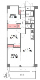 3LDK　専有けん責64.55㎡　LDK11.5帖　