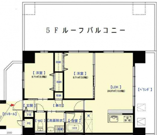 南東角部屋の２ＬＤＫの間取りです。　広いバルコニーが東側にあ