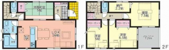 4LDK2階建て。南東向きのリビングで陽当たり良好。