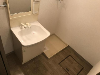 カゴなども置ける広い洗面所