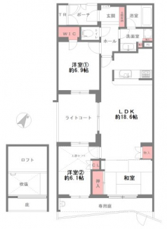 3LDK　LDK18.6帖　専有面積81.55㎡　専用庭