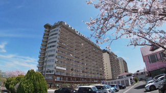 桜越しの外観、2番館は真ん中