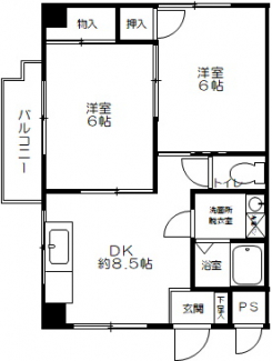 約43.2㎡の2DK。洋室が二部屋あるのでお好きなような活用しやすい！
