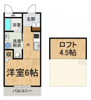 1K（23㎡）洋間6帖、ロフト4.5帖