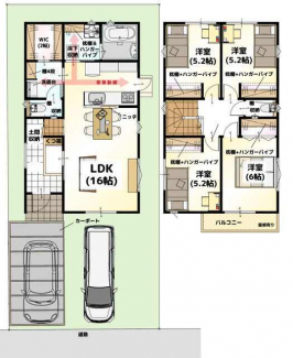 ２階には４部屋あり全部屋５帖以上。３人のお子様がいるご家庭で