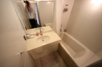 大きな鏡の洗面スペースと浴槽、トイレがないので余裕があります
