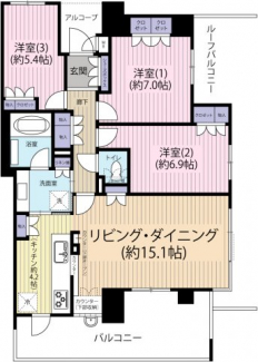 バルコニーとルーフバルコニーに囲まれ明るく広々とした間取り。キッチンからの家事導線にも注目