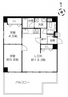 53.41㎡の2LDK。南向きの広々バルコニー付き！