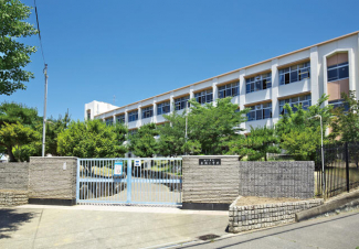 岩岡小学校。鯉やナマズが生息する「扇池」や松林などがある自然豊かな環境です。まで660m