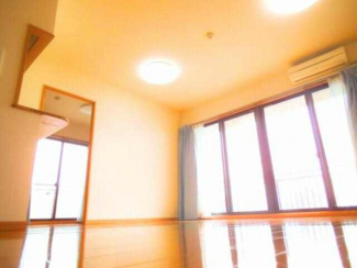 大きな掃き出し窓から光が入り、床まで明るいリビング。エアコン