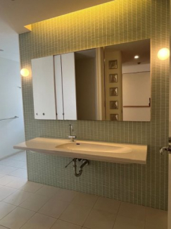 綺麗な小さなタイルの壁と間接照明、どこにもない形の洗面ボウルが洗練空間の雰囲気を上げてくれます。