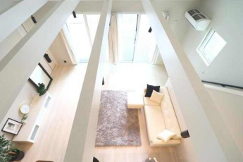 ロフトから見下ろした吹き抜けの空間。解放感があり家族のコミュ